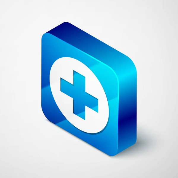 Izometrikus orvosi kereszt kör ikon izolált fehér háttér. Elsősegélynyújtás orvosi szimbólum. Kék négyzet gombot. Vektoros illusztráció — Stock Vector