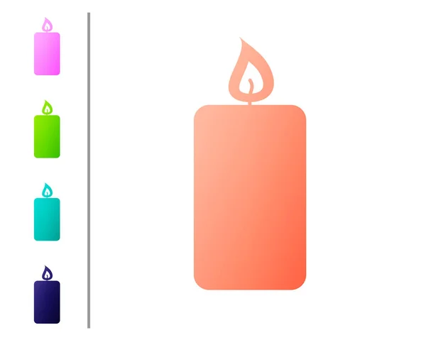 Coral Burning candle icon isolated on white background. Old fashioned lit candle. Cylindrical aromatic candle stick with burning flame. Set icon in color buttons. Vector Illustration — Stock Vector