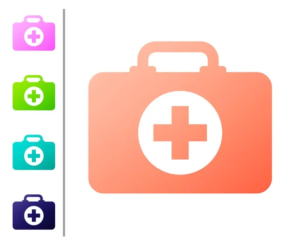 Coral First aid kit icon isolated on white background. Medical box with cross. Medical equipment for emergency. Healthcare concept. Set icon in color buttons. Vector Illustration — Stock Vector