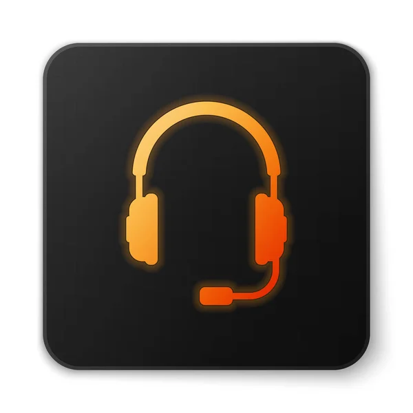 Auriculares brillantes naranjas con icono de micrófono sobre fondo blanco. Signo de auriculares. Objeto conceptual para escuchar música, servicio, comunicación y operador. Botón cuadrado negro. Ilustración vectorial — Vector de stock