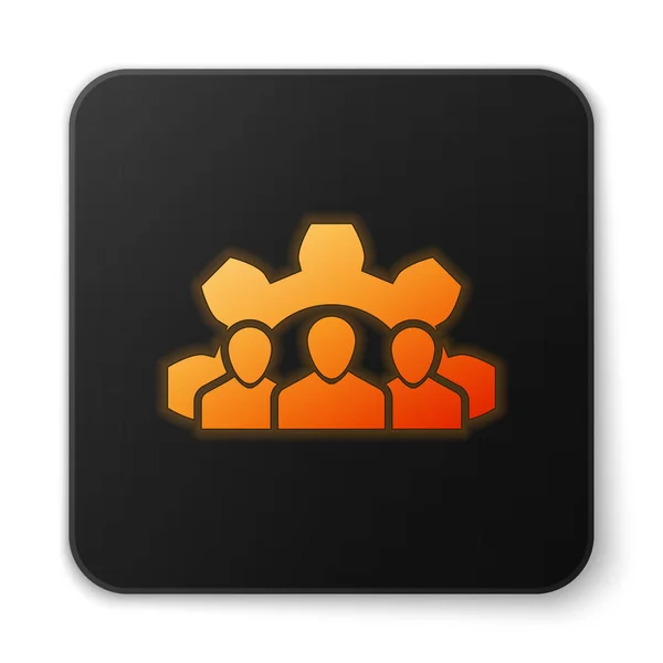 Orange glödande Project team bas ikonen isolerad på vit bakgrund. Affärsanalys och planering, konsultering, teamarbete, projektledning. Utvecklare. Svart fyrkantig knapp. Vektor illustration — Stock vektor
