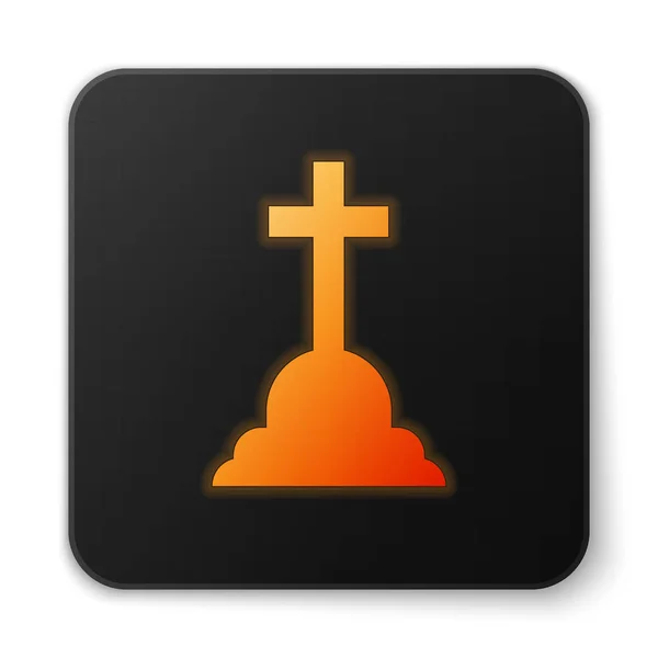 Lápida naranja brillante con icono de cruz aislado sobre fondo blanco. Icono de tumba. Botón cuadrado negro. Ilustración vectorial — Archivo Imágenes Vectoriales