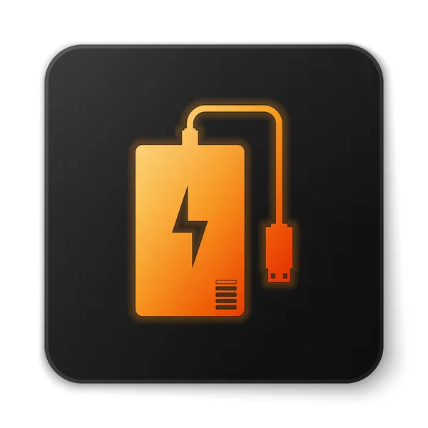 Banque de puissance lumineuse orange avec icône de câble de charge différente isolée sur fond blanc. Appareil de charge portable. Bouton carré noir. Illustration vectorielle — Image vectorielle