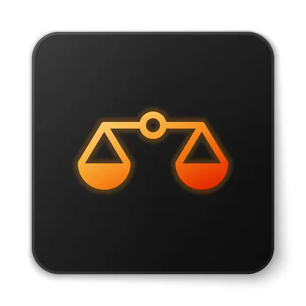 Orange glowing Scales of justice icon isolated on white background. Court of law symbol. Balance scale sign. Flat design. Black square button. Vector Illustration — Stock Vector