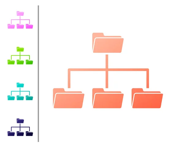 Coral folder boompictogram geïsoleerd op witte achtergrond. Computer netwerk bestandsmap organisatiestructuur stroomdiagram. Kleur pictogrammen instellen. Vector illustratie — Stockvector