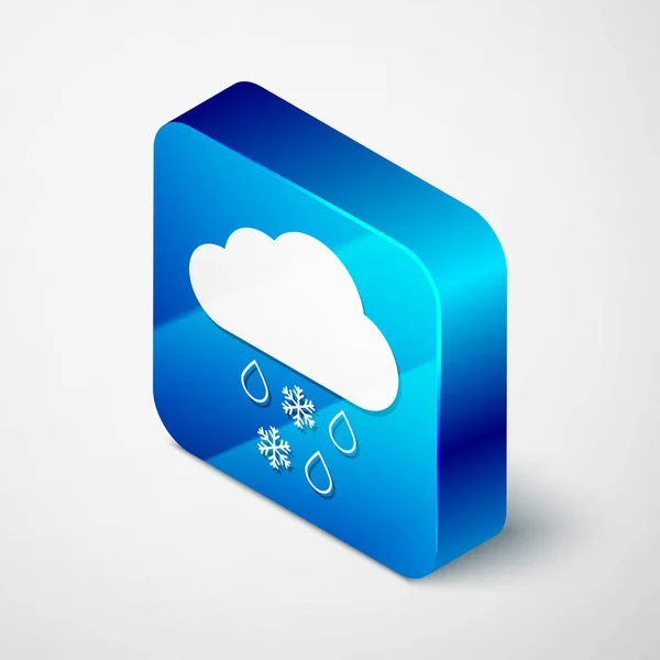 Isometric Cloud with snow and rain icon isolated on white background. Weather icon. Blue square button. Vector Illustration