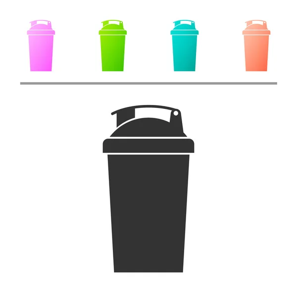 Icône shaker Fitness gris isolé sur fond blanc. Bouteille de shaker sportif avec couvercle pour cocktails à base d'eau et de protéines. Définir l'icône dans les boutons de couleur. Illustration vectorielle — Image vectorielle