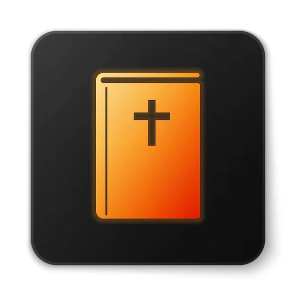 Icono de libro de la Biblia Santa resplandeciente naranja aislado sobre fondo blanco. Diseño plano. Botón cuadrado negro. Ilustración vectorial — Archivo Imágenes Vectoriales