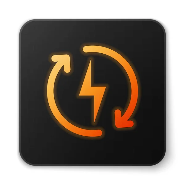 Icono de recarga brillante naranja aislado sobre fondo blanco. Señal de energía eléctrica. Botón cuadrado negro. Ilustración vectorial — Vector de stock