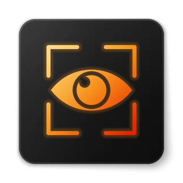 Orange leuchtende Augen Scan-Symbol isoliert auf weißem Hintergrund. Augen abtasten. Sicherheitsüberprüfungssymbol. Cyber-Augenzeichen. schwarzer quadratischer Knopf. Vektorillustration — Stockvektor