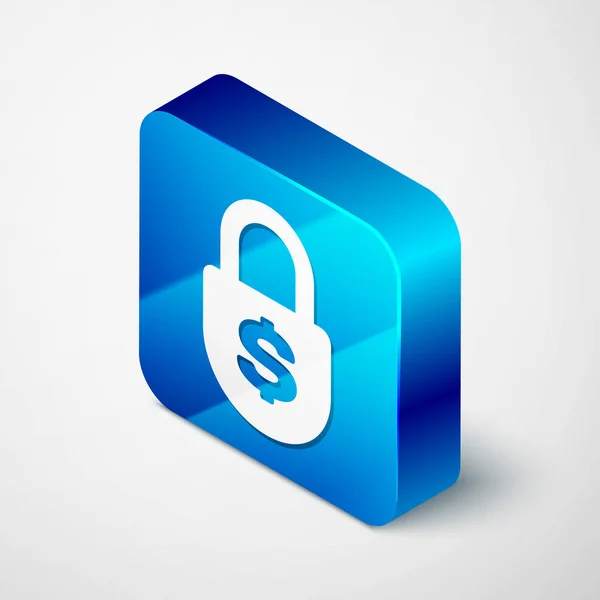 Isometric Money lock icon isolated on white background. Padlock dan dolar simbol. Keuangan, keamanan, keamanan, perlindungan, konsep privasi. Tombol persegi biru. Ilustrasi Vektor - Stok Vektor