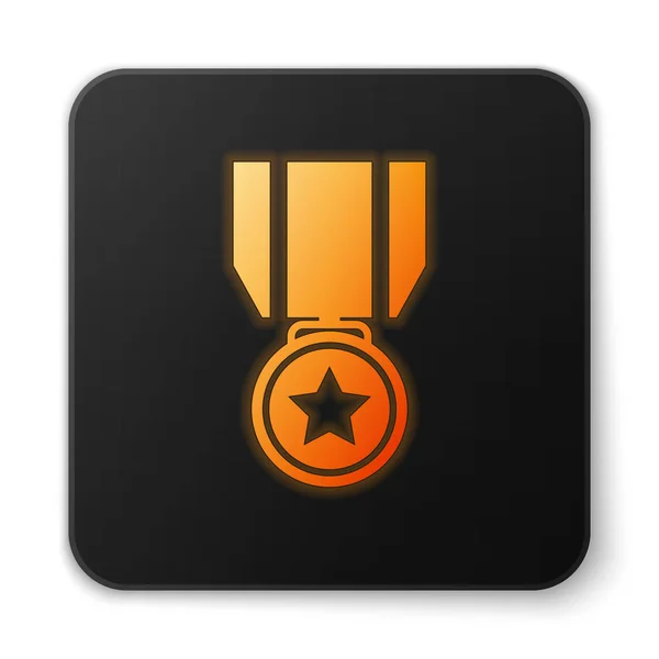 Оранжевый светящаяся медаль со звездой значок изолирован на белом фоне. Знак достижения победителя. Медаль. Черная квадратная кнопка. Векторная миграция — стоковый вектор