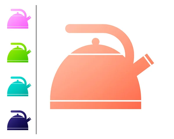 Coral Kettle with handle icon isolated on white background. Teapot icon. Set icon in color buttons. Vector Illustration — Stock Vector