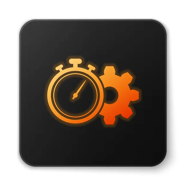 Icono naranja de gestión del tiempo brillante aislado sobre fondo blanco. Señal de reloj y engranaje. Símbolo de productividad. Botón cuadrado negro. Ilustración vectorial — Vector de stock