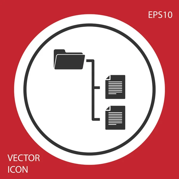 Graues Ordnerbaumsymbol auf rotem Hintergrund isoliert. Computernetzwerk Ordner Organisationsstruktur Flussdiagramm. Kreis-Taste. Vektorillustration — Stockvektor