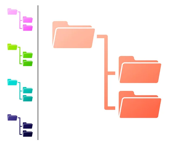 サンゴフォルダツリーアイコンは、白い背景に分離されています。コンピュータ ネットワーク ファイル フォルダ組織構造フローチャート。カラーアイコンを設定します。ベクトルイラストレーション — ストックベクタ