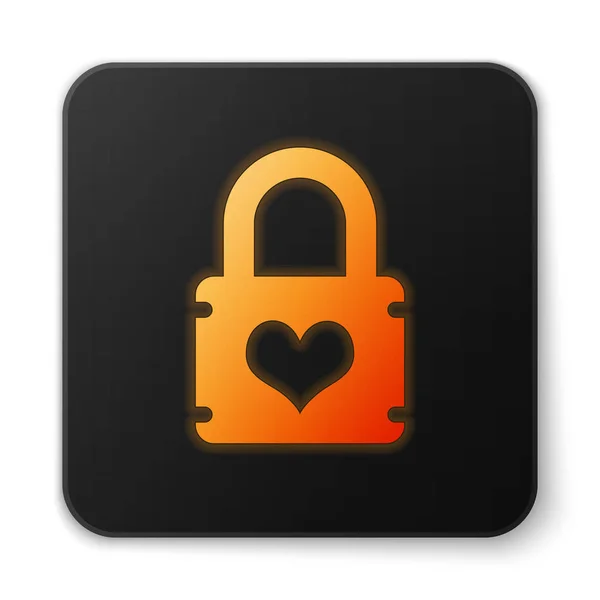 Cadenas lumineux orange avec icône coeur isolé sur fond blanc. Coeur verrouillé. Symbole d'amour et signe de serrure. Bouton carré noir. Illustration vectorielle — Image vectorielle