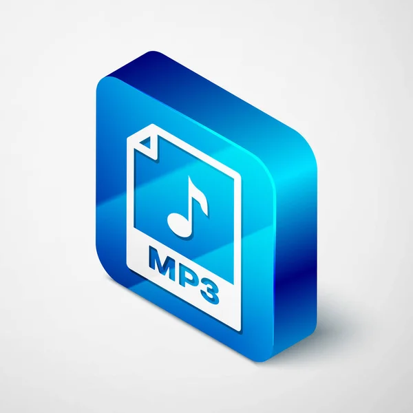 Isometric MP3 file document icon. Download mp3 button icon isolated on white background. Mp3 music format sign. MP3 file symbol. Blue square button. Vector Illustration — Stock Vector