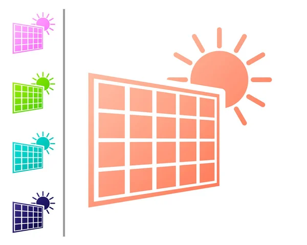 Coral Painel de energia solar e ícone do sol isolado no fundo branco. Definir ícones de cor. Ilustração vetorial — Vetor de Stock