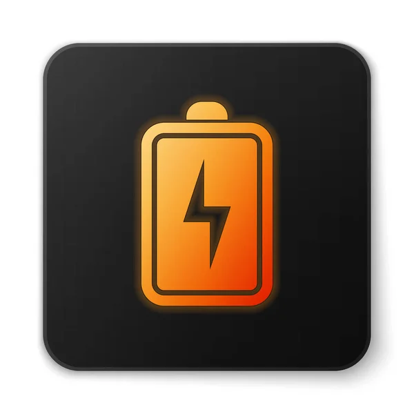 Ícone de bateria laranja brilhante isolado no fundo branco. Símbolo relâmpago. Botão quadrado preto. Ilustração vetorial —  Vetores de Stock