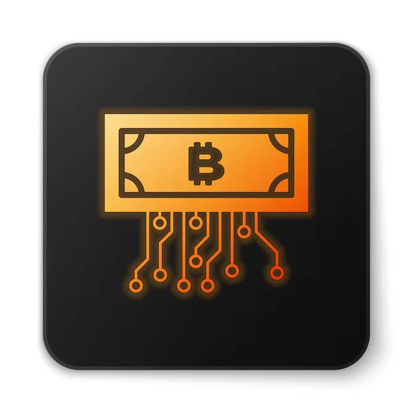 Laranja brilhante conceito criptomoeda bitcoin em círculo com ícone de circuito de microchip isolado no fundo branco. Tecnologia Blockchain, mercado monetário digital. Botão quadrado preto. Ilustração vetorial —  Vetores de Stock