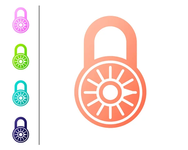 Coral Safe kombination lås hjulet ikonen isolerad på vit bakgrund. Kombinations hänglås. Säkerhet, säkerhet, skydd, lösenord, integritets koncept. Ange färg ikoner. Vektor illustration — Stock vektor