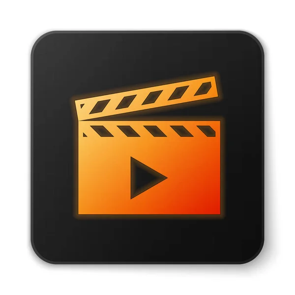 Naranja brillante película clapper icono aislado sobre fondo blanco. Icono de tablero de aplausos de película. Signo de tablilla. Producción cinematográfica o concepto de industria de medios. Botón cuadrado negro. Ilustración vectorial — Vector de stock