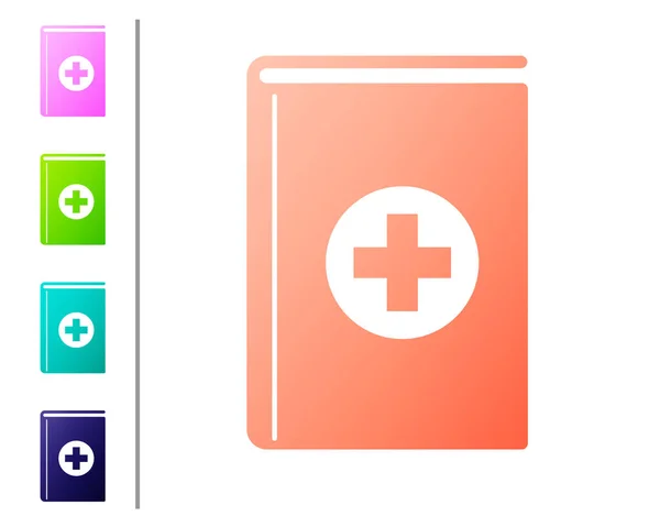 Coral ikona książka medyczna na białym tle. Ustaw ikonę w kolorowych przyciskach. Ilustracja wektorowa — Wektor stockowy