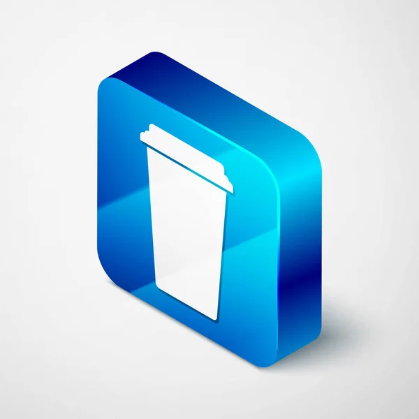 Isométrique icône tasse de café isolé sur fond blanc. Tasse à café jetable avec café chaud. Bouton carré bleu. Illustration vectorielle — Image vectorielle