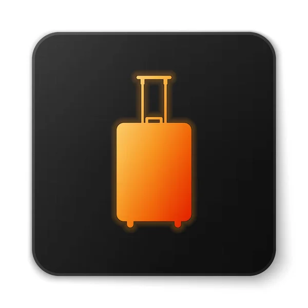 Orange glowing Travel suitcase icon isolated on white background. Traveling baggage sign. Travel luggage icon. Black square button. Vector Illustration — Stock Vector