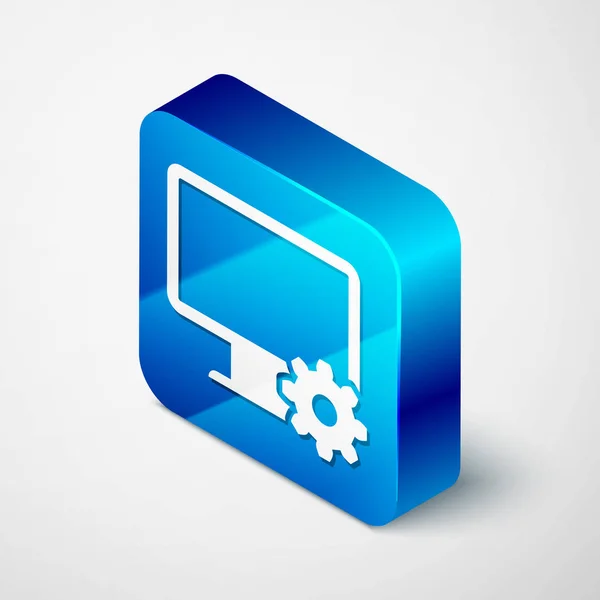 Isometric Computer monitor dan gear icon terisolasi pada latar belakang putih. Menyesuaikan aplikasi, menetapkan pilihan, pemeliharaan, perbaikan, memperbaiki konsep monitor. Tombol persegi biru. Ilustrasi Vektor - Stok Vektor