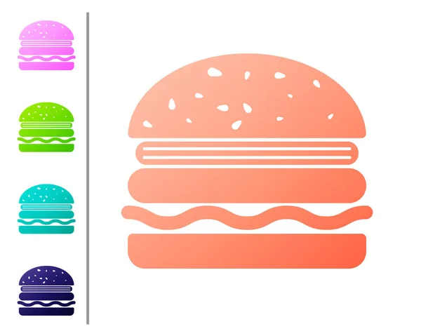 Το εικονίδιο Coral Burger απομονώθηκε σε λευκό φόντο. Εικονίδιο χάμπουργκερ. Πινακίδα σάντουιτς με τσίζμπεργκερ. Ορίστε εικονίδια χρωμάτων. Απεικόνιση διανυσματικών φορέων — Διανυσματικό Αρχείο
