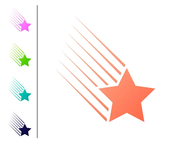 Korallen Sternschnuppen Ikone isoliert auf weißem Hintergrund. Sternschnuppe mit Sternschnuppe. Meteoroid, Meteorit, Komet, Asteroid, Sternsymbol. Farbsymbole setzen. Vektorillustration — Stockvektor