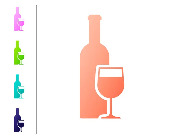 Láhev s vínem korálová se symbolem skleněného vína na bílém pozadí. Nastavit ikonu v barevných tlačítkách. Vektorová ilustrace — Stockový vektor