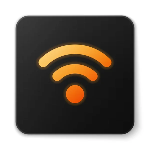 Icône de symbole de réseau Internet sans fil Wi-Fi orange lumineux isolé sur fond blanc. Design plat. Bouton carré noir. Illustration vectorielle — Image vectorielle