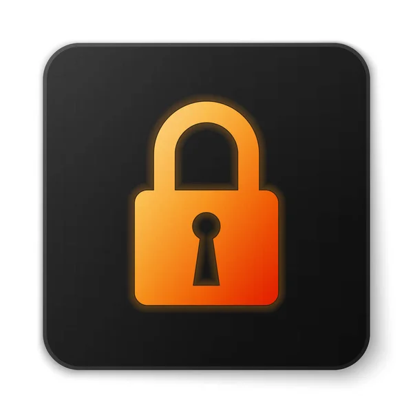 Oranje gloeiende slot icoon geïsoleerd op witte achtergrond. Gesloten hangslot teken. Cyber Security concept. Digitale gegevensbescherming. Veiligheid. Zwarte vierkante knop. Vector illustratie — Stockvector