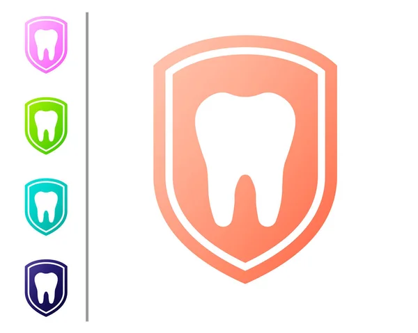 Korall Dental Protection ikon isolerad på vit bakgrund. Tand på sköld logotyp ikon. Ange ikon i Färgknappar. Vektor illustration — Stock vektor
