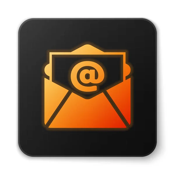 Naranja brillante Mail y e-mail icono aislado sobre fondo blanco. Envolvente símbolo e-mail. Señal de correo electrónico. Botón cuadrado negro. Ilustración vectorial — Archivo Imágenes Vectoriales