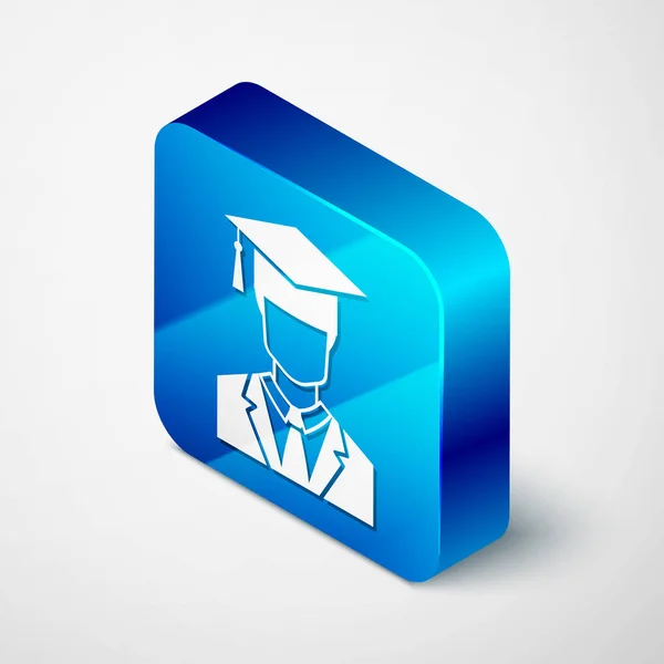 Ισομετρικό αρσενικό μεταπτυχιακό προφίλ φοιτητών με φόρεμα και καπάκι αποφοίτησης εικονίδιο απομονώνεται σε λευκό φόντο. Μπλε τετράγωνο κουμπί. Απεικόνιση διανυσματικών φορέων — Διανυσματικό Αρχείο