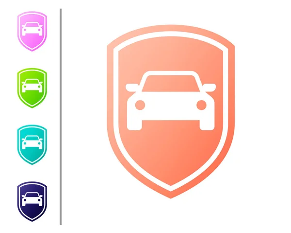 Coral Icono de protección o seguro de automóvil aislado sobre fondo blanco. Protege el escudo del coche. Icono del vehículo insignia de seguridad. Etiqueta de seguridad automática. Establecer icono en los botones de color. Ilustración vectorial — Archivo Imágenes Vectoriales