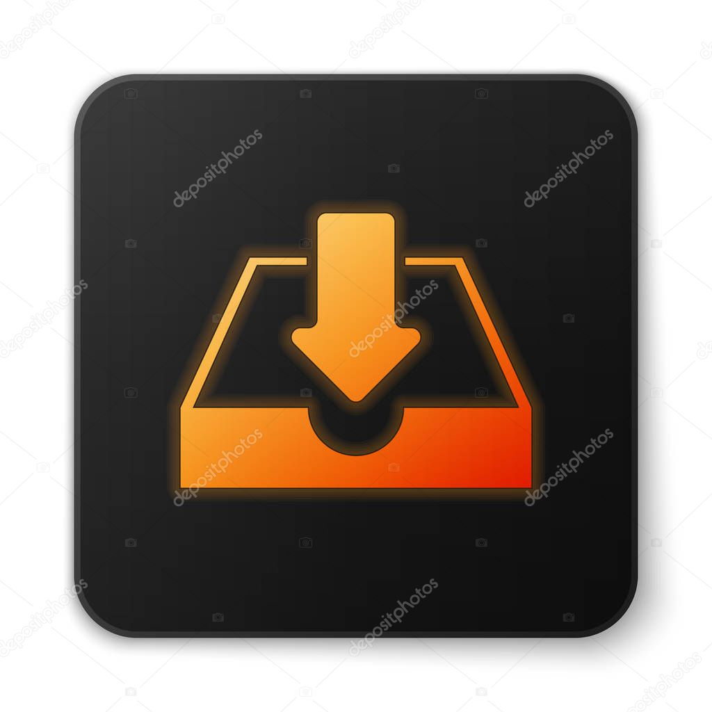 Orange glowing Download inbox icon isolated on white background. Black square button. Vector Illustration