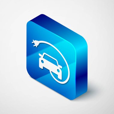 İzometrik Elektrikli araba ve elektrik kablosu fişi şarj simgesi beyaz arka plan üzerinde izole. Yenilenebilir eko teknolojiler. Mavi kare düğmesi. Vektör İllüstrasyonu
