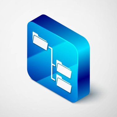 Beyaz arka planda yalıtılmış İzometrik Klasör ağacı simgesi. Bilgisayar ağı dosya klasörü organizasyon yapısı akış şeması. Mavi kare düğmesi. Vektör İllüstrasyonu