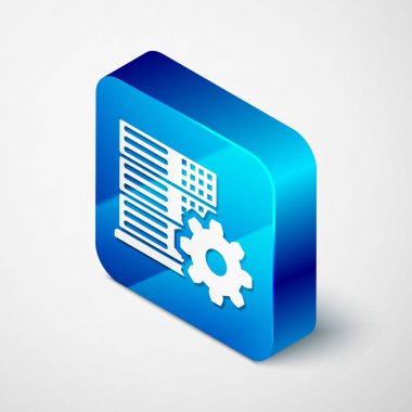 Beyaz arka planda yalıtılmış İzometrik Sunucu ayarı simgesi. Mavi kare düğmesi. Vektör İllüstrasyonu