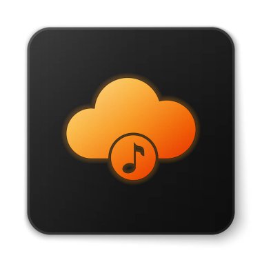 Turuncu parlayan müzik akış hizmeti simgesi beyaz arka planda yalıtılmış. Ses bulut bilişim, online medya streaming, online şarkı, ses dalgası. Siyah kare düğmesi. Vektör Illustration