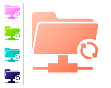 Beyaz arka planda Coral Ftp eşitleme simgesi. Yazılım güncelleştirme, transfer protokolü, yönlendirici, takım çalışması araç yönetimi, kopyalama süreci kavramı. Simgeyi renk düğmelerinde ayarlayın. Vektör İllüstrasyonu