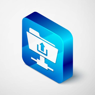 Beyaz arka planda yalıtılmış izometrik FTP klasörü yükleme simgesi. Yazılım Güncelleme kavramı, Transfer Protokolü, yönlendirici, takım çalışması aracı yönetimi, kopyalama süreci. Mavi kare düğmesi. Vektör Illustration