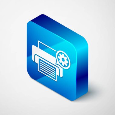 İzometrik Yazıcı ve dişli simgesi beyaz arka plan üzerinde izole. Uygulama, servis konsepti, ayar seçenekleri, bakım, onarım, sabitleme ayarlama. Mavi kare düğmesi. Vektör İllüstrasyonu