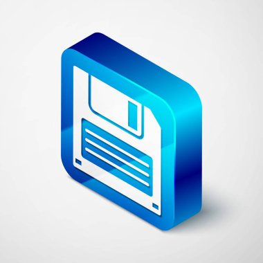 Beyaz arka planda yalıtılmış bilgisayar veri depolama simgesi için İzometrik Disket. Disket işareti. Mavi kare düğmesi. Vektör İllüstrasyonu