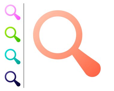 Beyaz arka plan üzerinde izole Mercan Büyüteç simgesi. Arama, odak, yakınlaştırma, iş sembolü. Simgeyi renk düğmelerinde ayarlayın. Vektör İllüstrasyonu